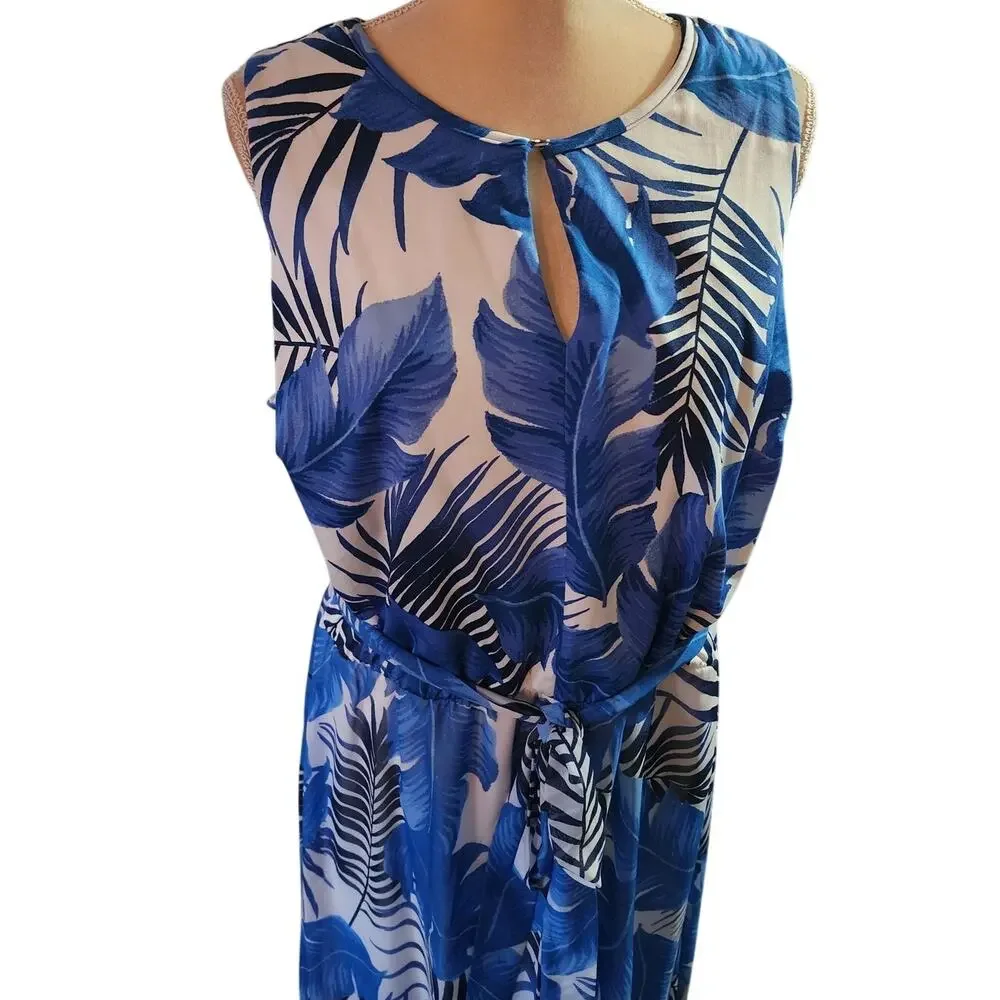 Lane Bryant Sleeveless Blue White Hawaiian Tropical Leaf Keyhole Dress Plus 16 - Picture 2 of 7